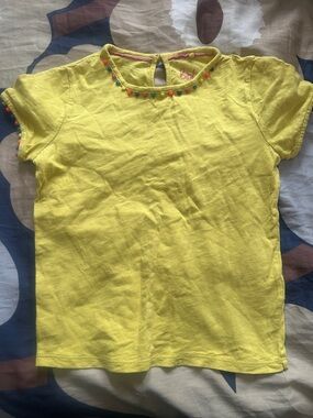 Boden Yellow Tee with Pink Trim and Multicolor Pom-Poms